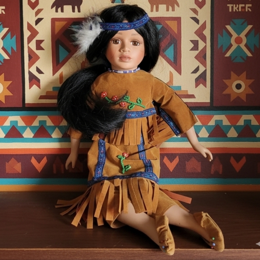 Vintage 2000 Native American Girl Tribal Decorative Collectible Porcelain Doll